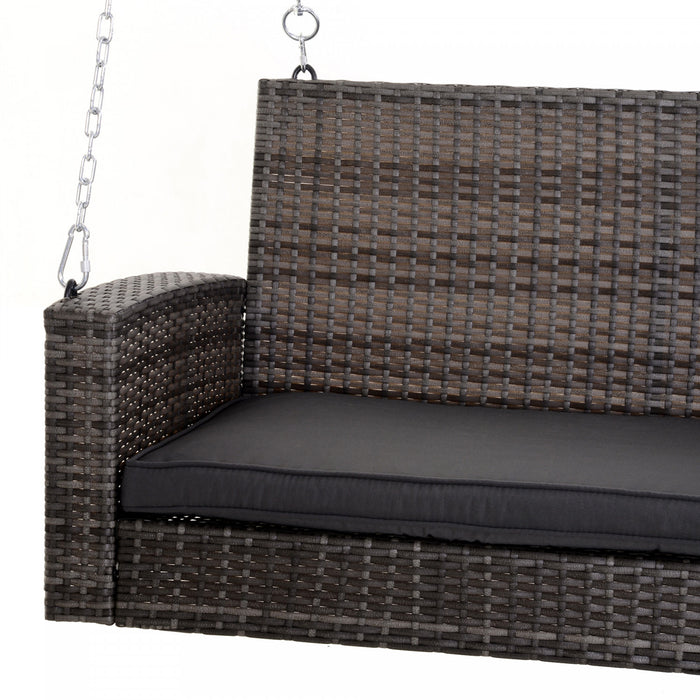 Outsunny 2-person Patio Porch Swing Chair, Outdoor Rattan Hanging Bench With Cushion & 7.2 Ft Steel Chains, Grey