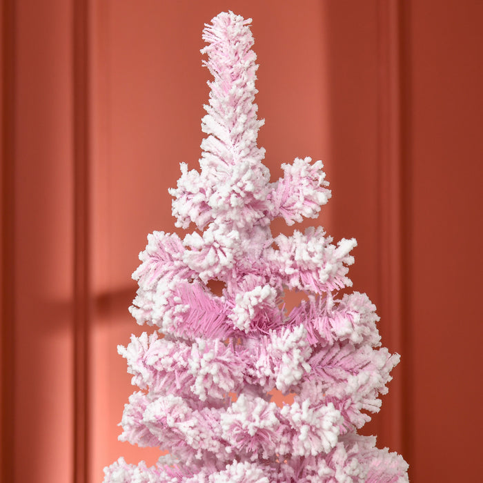 Homcom Snow Flocked Pencil Artificial Christmas Tree With Steel Base Pink