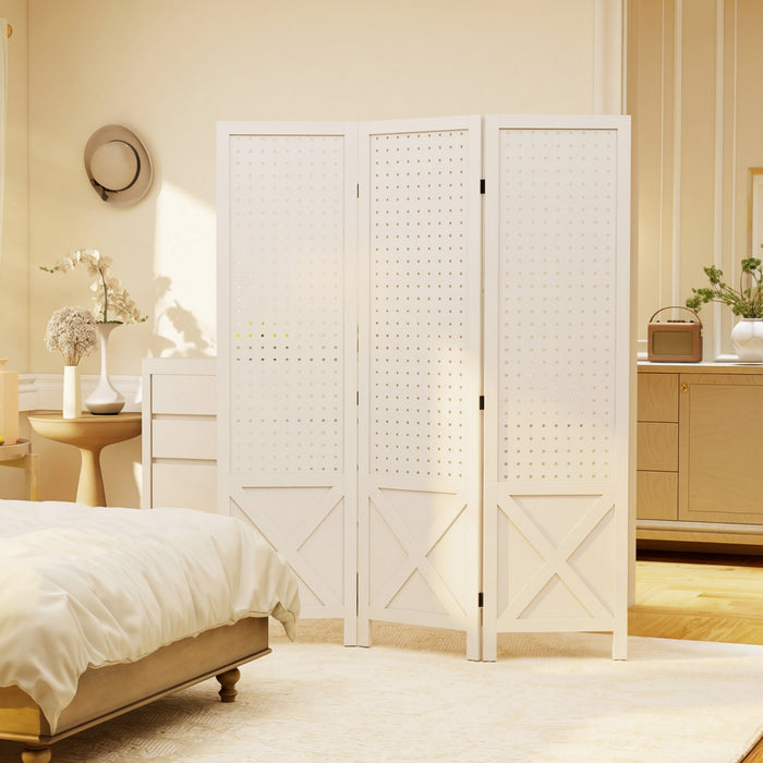 HOMCOM 56.9\" 3 Panel Room Divider with Pegboard Display for Indoor White
