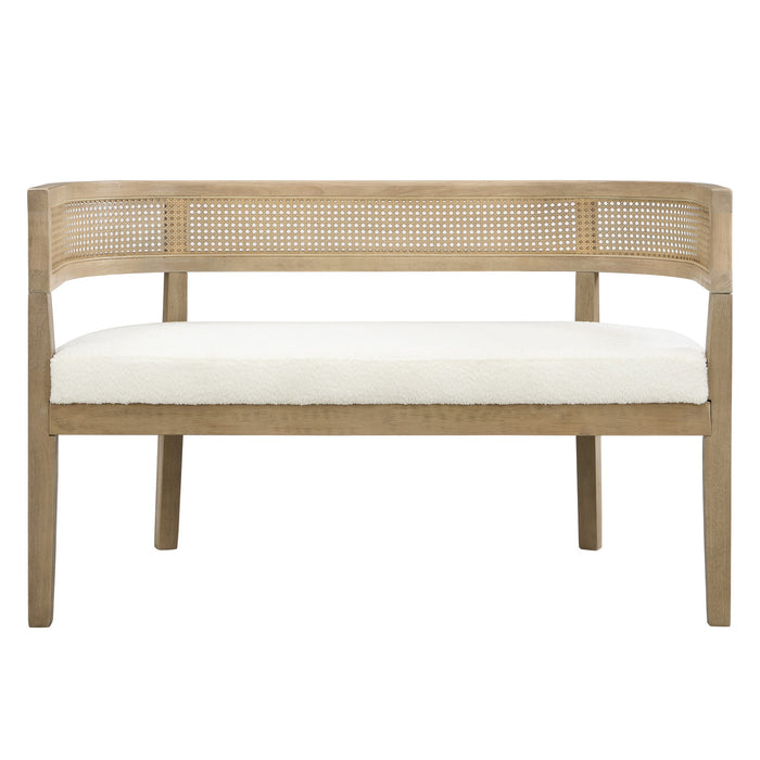 Rattan 47.5 Inch Rattan Upholstered Loveseat with Hand-Woven Backrest, Beige, Natural Ash