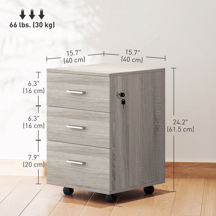 Vinsetto 3 Drawer File Cabinet with Lock and Wheels, Grey Wood Grain