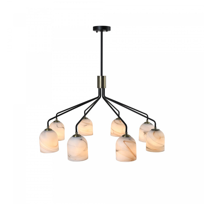 Crema 8 Light Chandelier 34.25\", Black, Brushed Brass With Alabaster Style Glass