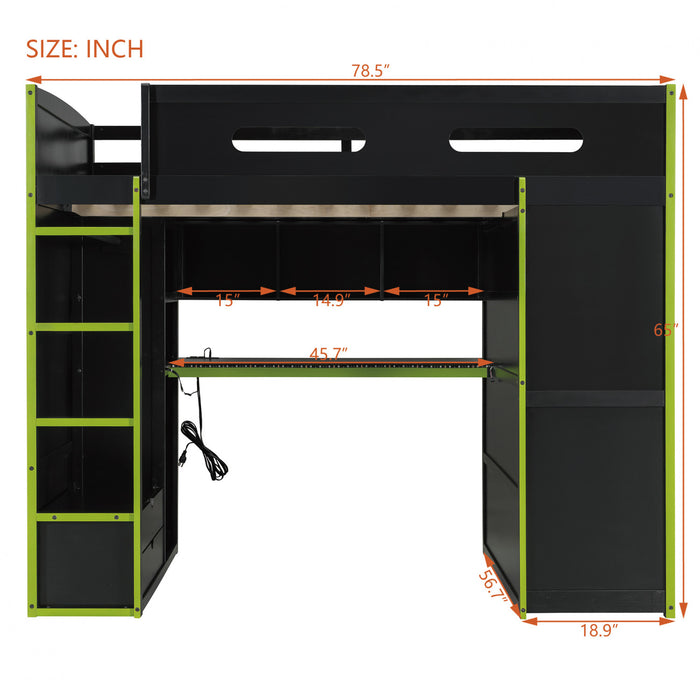Jerry Wood Loft Bed with Desk and Storage,Full Size,Green Full Bed