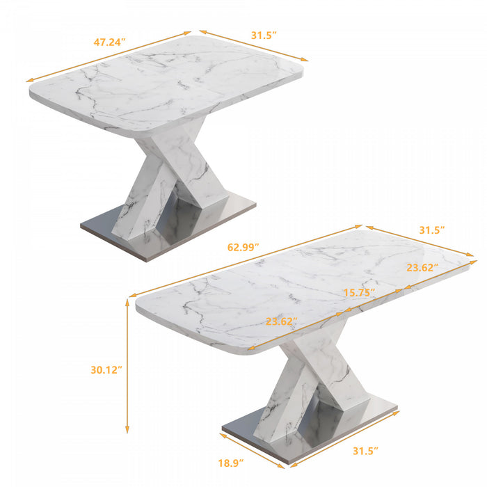 47.24\"-62.99\" Lennon Modern Extendable Rectangular Dining Table with Marble Printed Top - White
