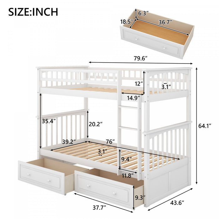 Elvis Solid Wood Convertible Bunk Bed With Drawers, Twin Size, White