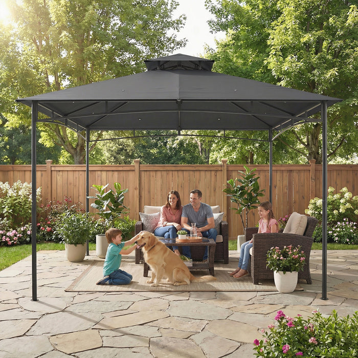 Outsunny 10' x 10' Gazebo, Soft Top Garden Gazebo w/ 2-Tier Roof, Dark Grey