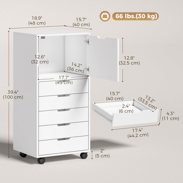 HOMCOM 5 Drawer Vertical File Cabinet with Lockable Wheels, White