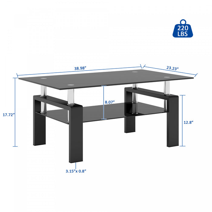 Liam Modern Rectangle Clear Tempered Glass Coffee Table,Black