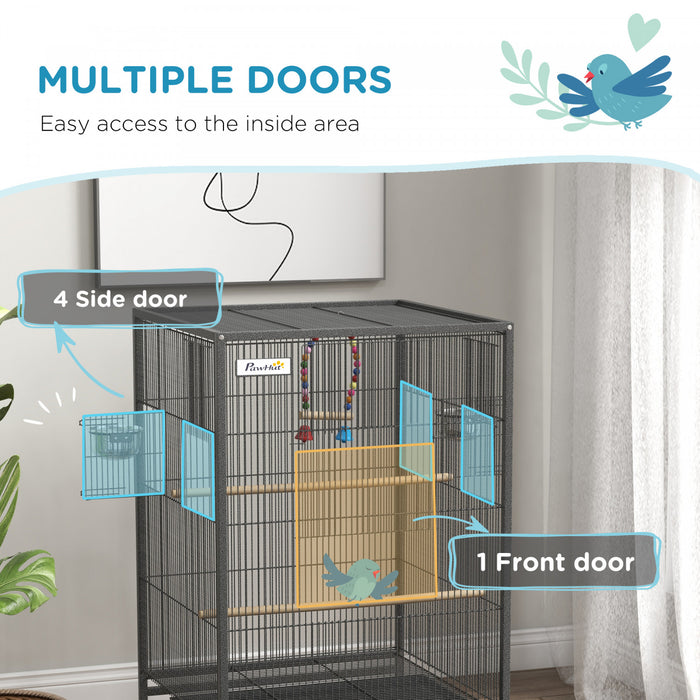 Pawhut 29\" Bird Cage With Rolling Stand For Parrots, Love Birds, And Finches, Large Bird Cage With Colourful Swing, Stainless Steel Bowls, Removable Tray - Grey