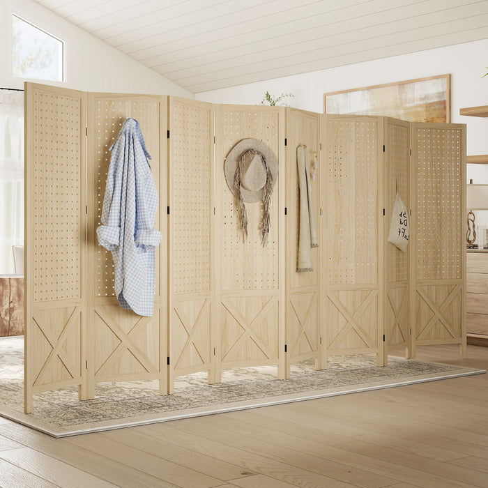 HOMCOM 4.7' 8 Panel Room Divider with Pegboard Display for Indoor, Natural