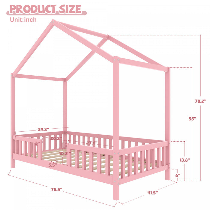 Paul Montessori Floor Bed with Canopy and High Railings,Twin Size，Pink Twin Bed