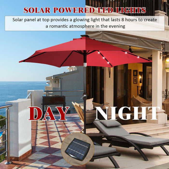 Costway 9' Solar LED Lighted Patio Market Umbrella Tilt Adjustment Crank Lift Burgundy