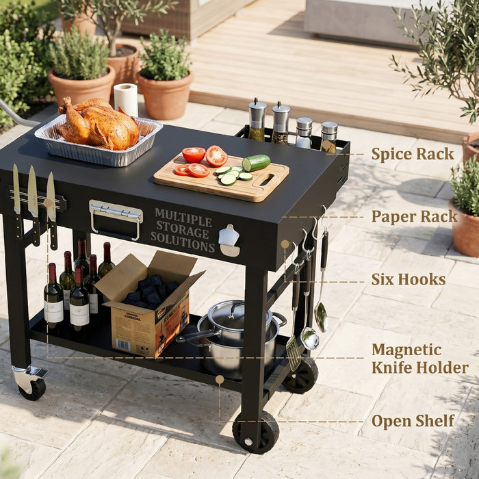 Outsunny Outdoor Grill Cart, Folding Grill Table with Wheels and Magnetic Knife Holder, Portable Griddle Stand with Handle, Hooks, Spice and Paper Rack, Bottle Opener, Black