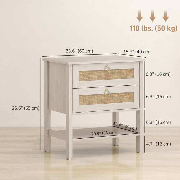 HOMCOM Rattan Nightstands Set of 2 Bedside Tables with 2 Drawers White Oak