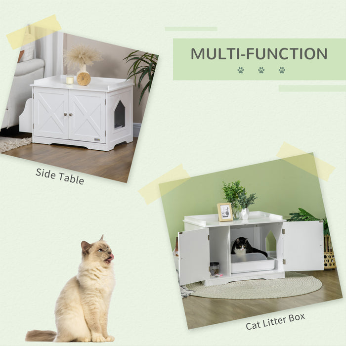 Pawhut Hidden Litter Box Enclosure Cat Furniture With Storage, Adjustable Divider, Indoor Pet House Side Table, White