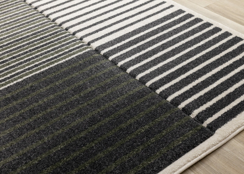Maverick Green Black White Modern Striped Design Rug, 7'10\" x 10'6\" Indoor Area Rug