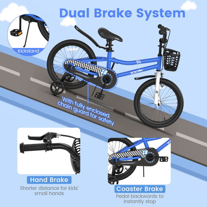 Costway 18\" Kid's Bike With Removable Training Wheels & Basket For 4-8 Years Old Blue