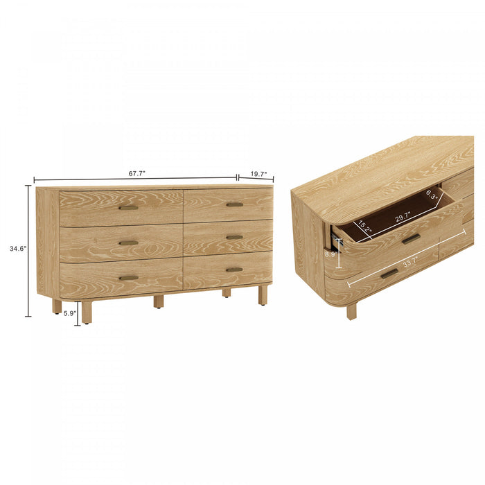 Solara Contemporary 68\" Solid Wood Dresser in Natural Oak (6-Drawer)