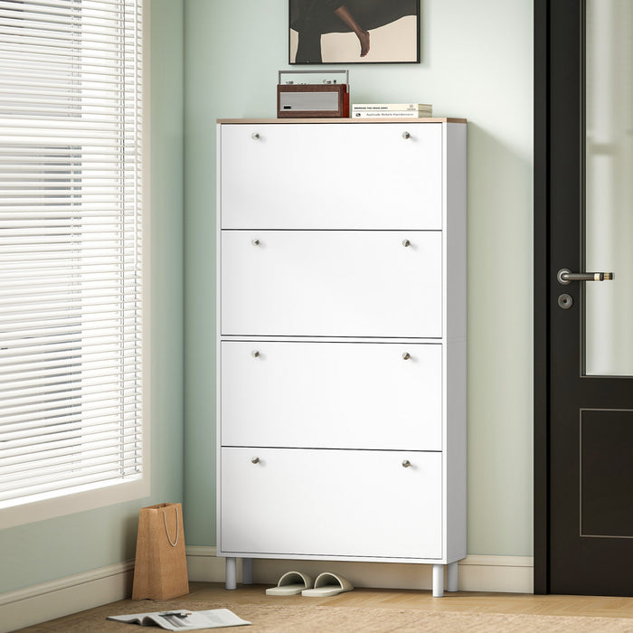 HOMCOM Shoe Cabinet with 4 Flip Drawers, Narrow Shoe Storage Cabinet, White