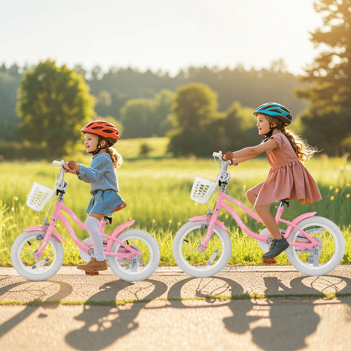 Costway 14\" Kid's Bike With Removable Training Wheels & Basket For 3-5 Years Old Pink