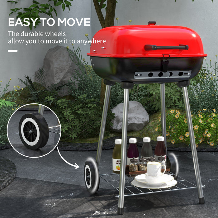 Outsunny Charcoal BBQ Grill, Portable Barbecue Smoker with Lid, Wheels, Storage Rack, Red