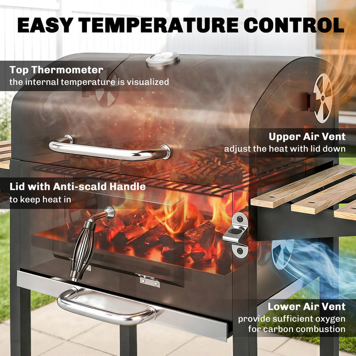 Outsunny Outdoor Charcoal BBQ Grill, Portable Barbecue Grill with Adjustable Charcoal Pan, Spacious Cooking Area, 3 Shelves, Thermometer, Wheels for Patio Backyard Party