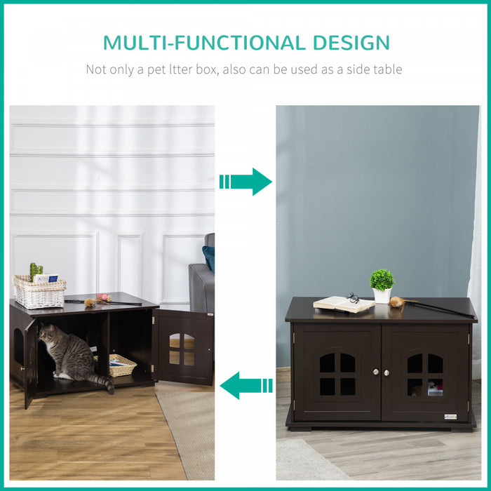 Pawhut Cat Litter Box Enclosure Hidden Cat Furniture Cabinet Indoor Cat Washroom Double-door Nightstand End Table With Cat Hole Window Coffee