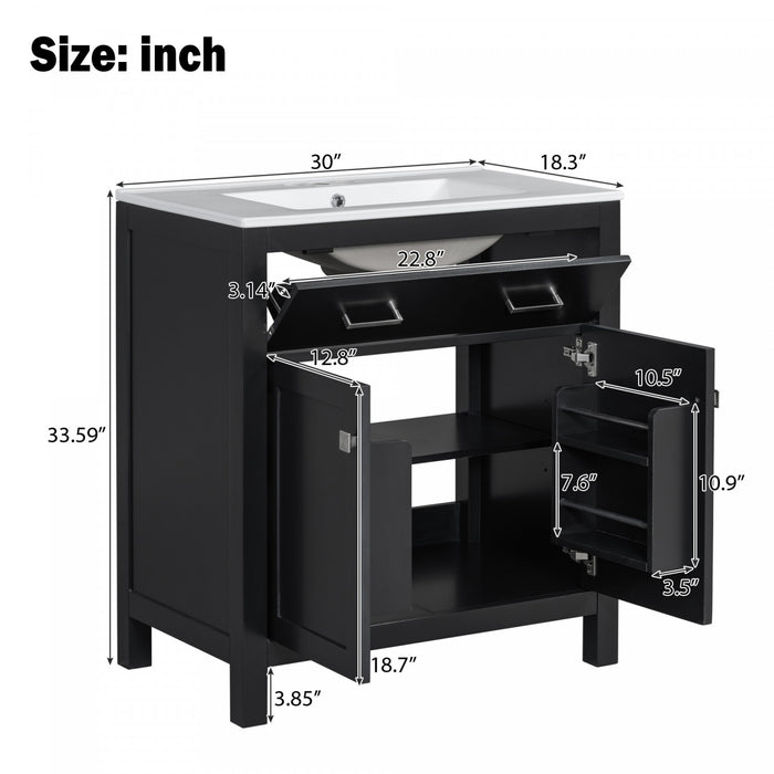 Baker 30 Inch Modern Bathroom Vanity with Ceramic Sink & Storage Cabinet, Black