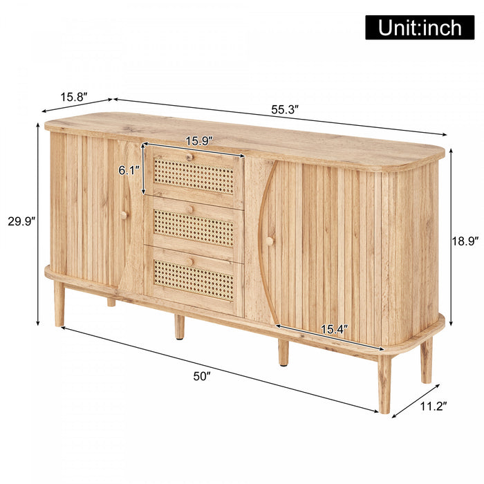 James 55.3\" Modern Minimalist Wood Cabinet with Sliding Doors and Adjustable Shelves,Natural Accent Cabinet