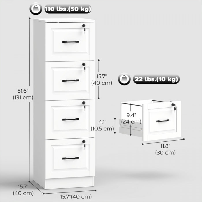 HOMCOM 4 Drawer File Cabinet with Lock, Vertical Filing Cabinet, White