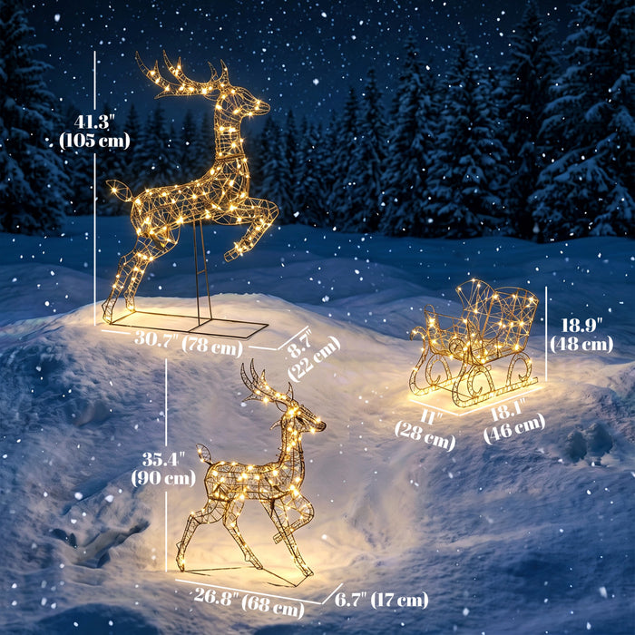 Outsunny 3-Piece Christmas Lighted Reindeer and Sleigh Set for Outdoor