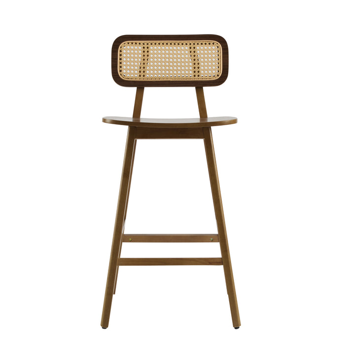 Bari Rubber Wood Counter Stool Set of 4 with Rattan Back and Footrest,Walnut