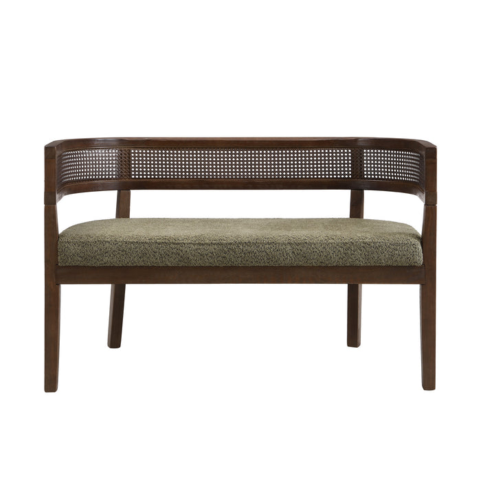 Rattan 47.5 Inch Rattan Upholstered Loveseat with Hand-Woven Backrest, Green, Walnut