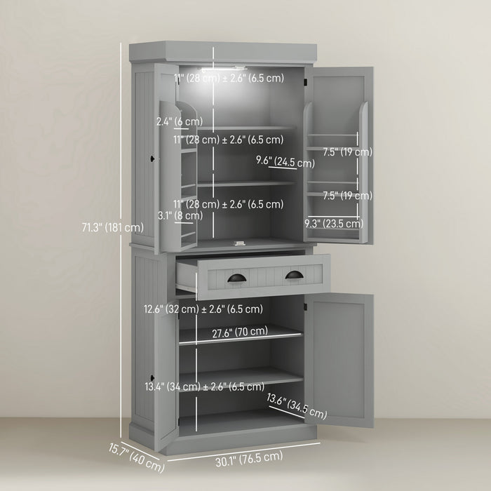HOMCOM 71\" Kitchen Pantry Cabinet with Spice Racks and LED Lights, Grey