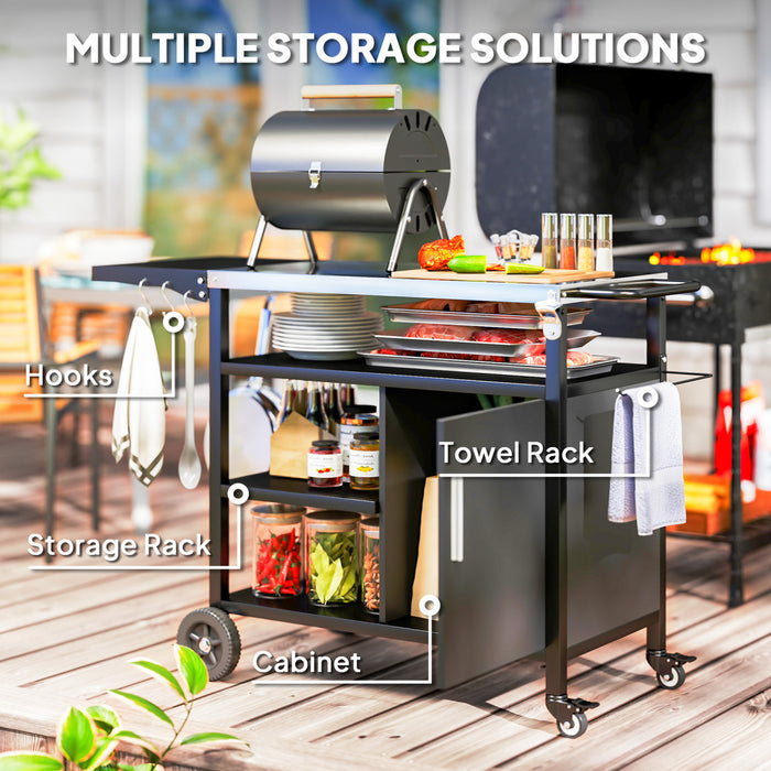 Outsunny Outdoor Grill Cart with Stainless Steel Top, Foldable Side Table, Pizza Oven Table, Wheels, Hooks, Shelves, Cabinet, Movable Barbecue Grill Dining Cart, Includes Cover, Black
