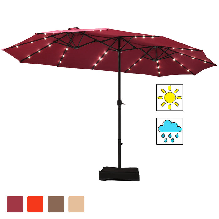 Costway 15Ft Patio Double-Sided Solar LED Market Umbrella Crank Base Burgundy