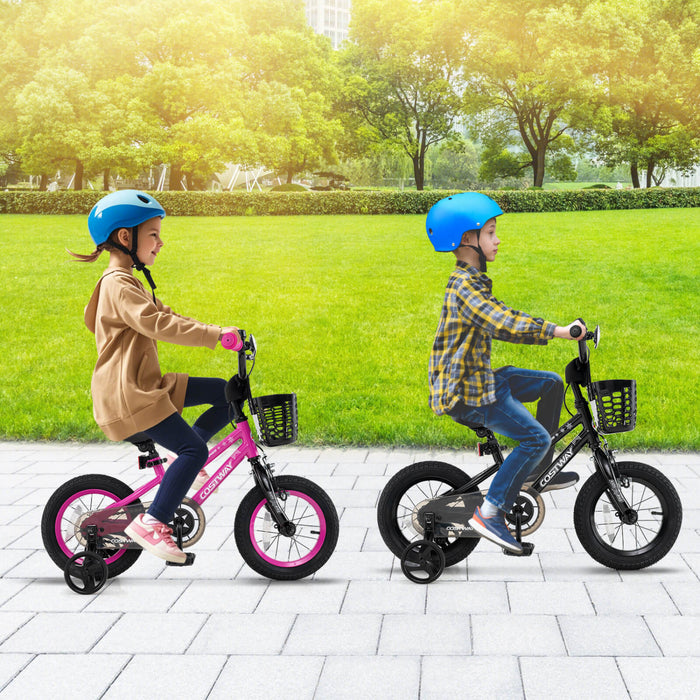 Costway 16\" Kid's Bike With Training Wheels Adjustable Handlebar & Seat Handbrake Pink