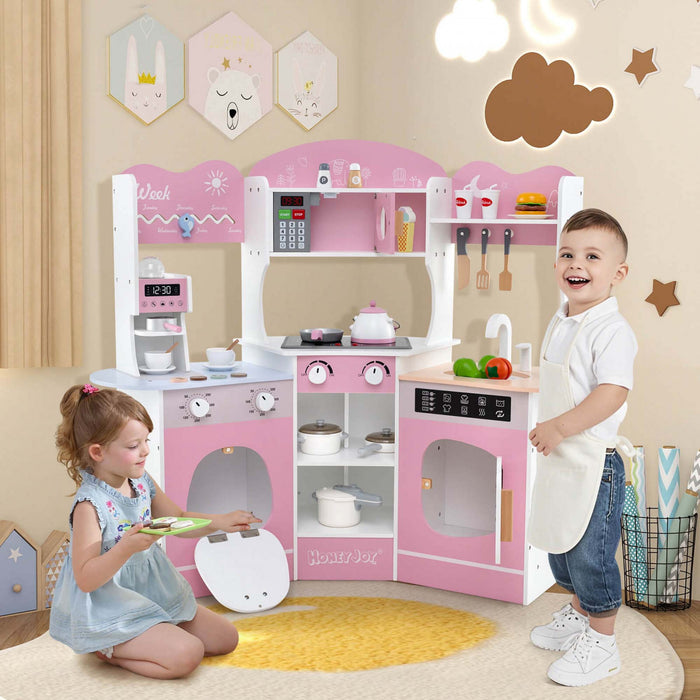 Honeyjoy Corner Kitchen Playset With Coffee Machine Oven Microwave Washing Machine Pink