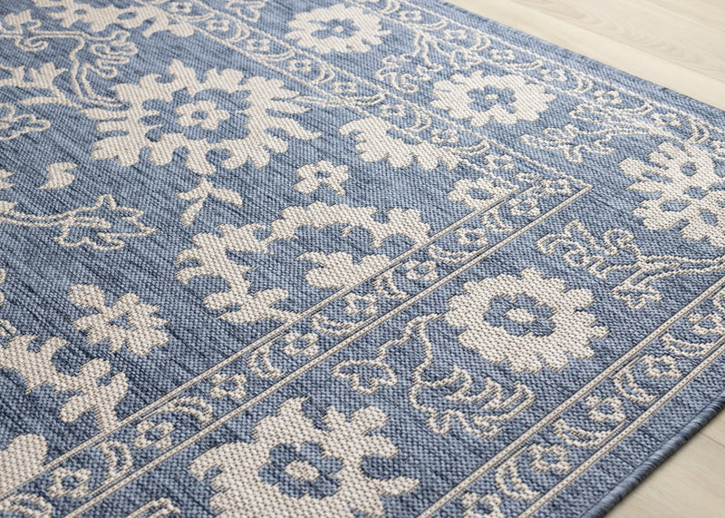 Cabana Blue White Elegant Border Outdoor Rug, 5'3\" x 7'7\" Outdoor Area Rug