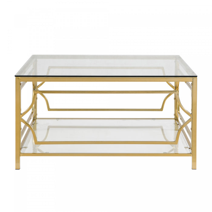 Gleam 33.5 Inch Square Tempered Glass Coffee Table with Geometric Gold Frame and Lower Shelf, Transparent