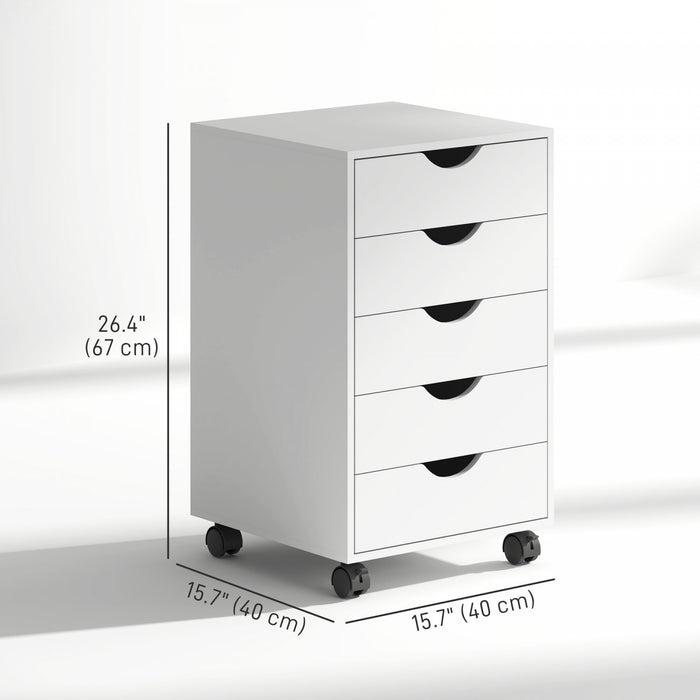 HOMCOM File Cabinet with 5 Drawer Wheels Storage Organizer White
