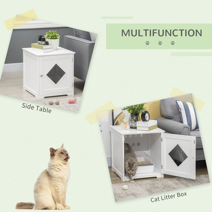 Pawhut Cat Litter Box Enclosure End Table, Indoor Cat Washroom With Magnetic Door, Hidden Litter Box Nightstand With Large Tabletop, Easy Assembly, White