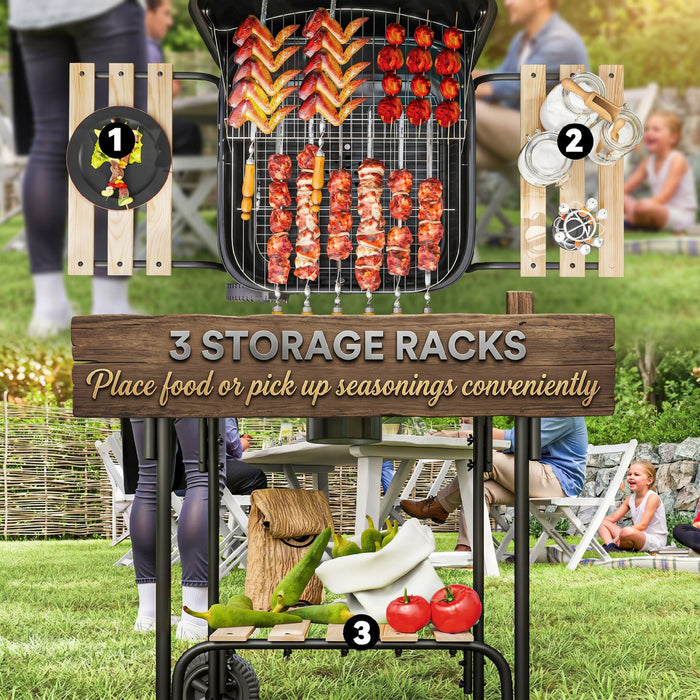 Outsunny Charcoal BBQ Grill, Portable Grill with 1840 cm² Cooking Area, Storage Shelves, Adjustable Air Vent, Locking Lid, Wheels for Garden Party Outdoor Cooking, Black
