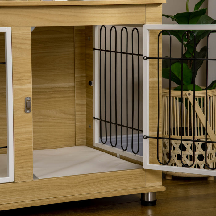 Pawhut Pet Crate End Table With Soft Cushion, Double-door Dog Crate Furniture For Medium Large Dogs, Wooden Wire Pet Kennel For Indoor Use