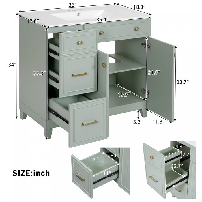 Grady 36 Inch Modern Bathroom Vanity with Ceramic Sink & Smart Storage, Green
