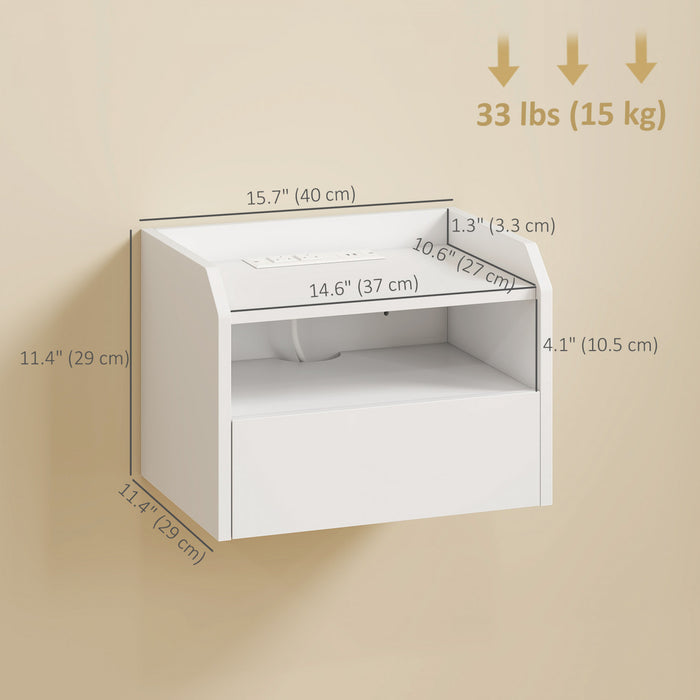 HOMCOM Set of 2 Floating Nightstand w/ Charging Station Bedside Table White