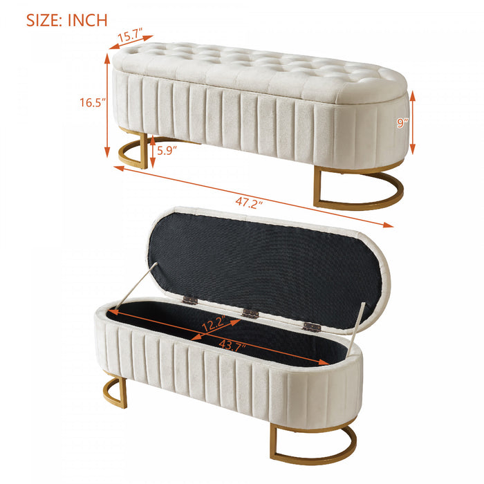 Amelia Elegant Velvet Button-Tufted Storage Bench with Metal Legs,Beige