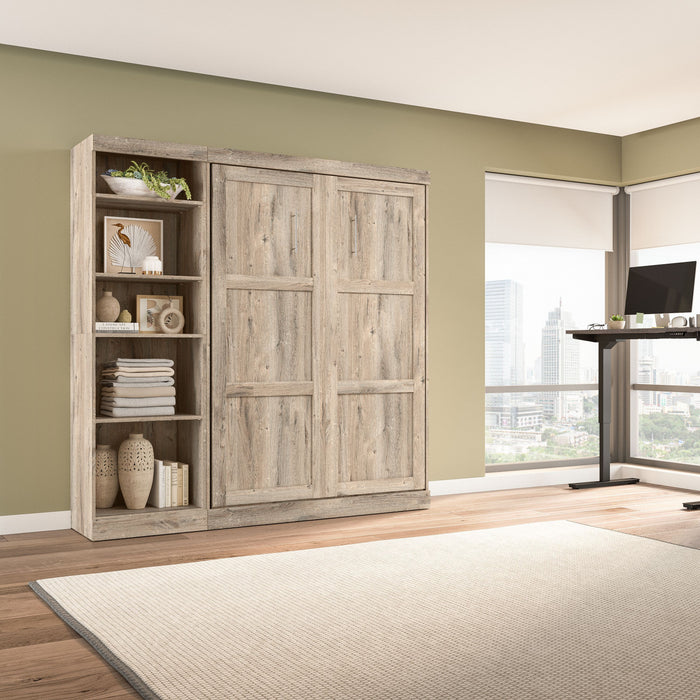 Bestar Pur Full Murphy Bed with Shelving Unit 84-Inch Wall Bed - Rustic Brown