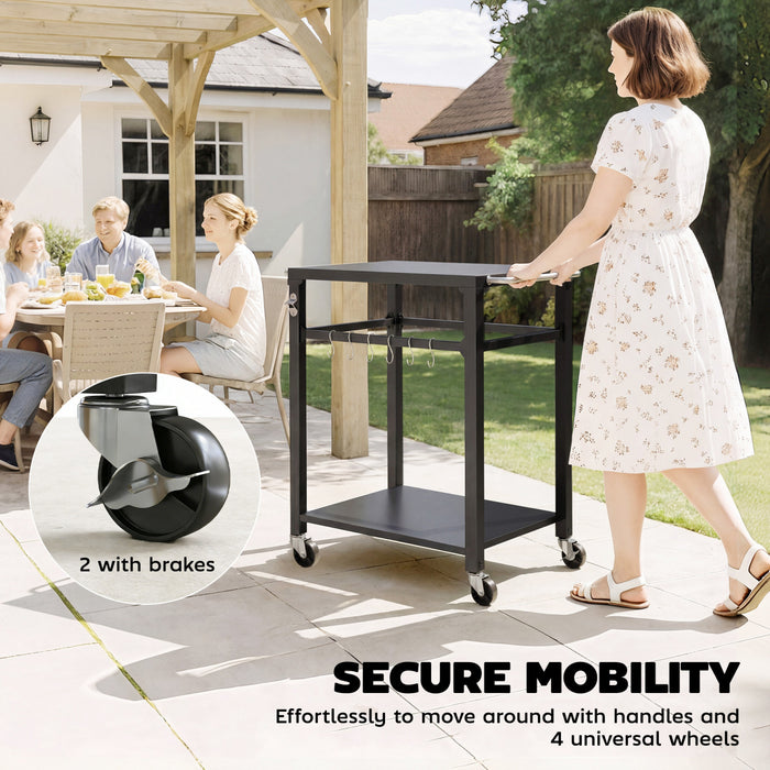 Outsunny Outdoor Grill Cart, Pizza Oven Stand with Steel Top, 2-Tier Rolling Kitchen Prep Station with Hooks, Handle, Lockable Wheels for Patio Garden, Black