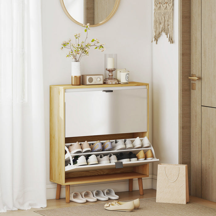 HOMCOM Narrow Shoe Cabinet, 2 Flip Drawers Shoe Storage Cabinet, White